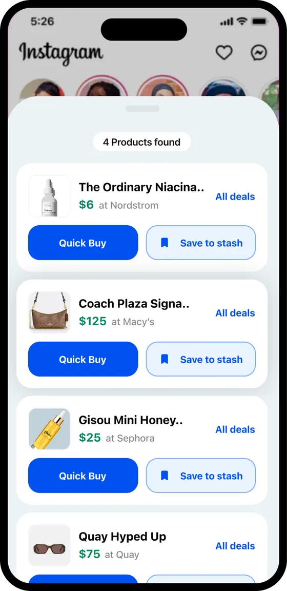 Stashit listing every product it identified in a reel
