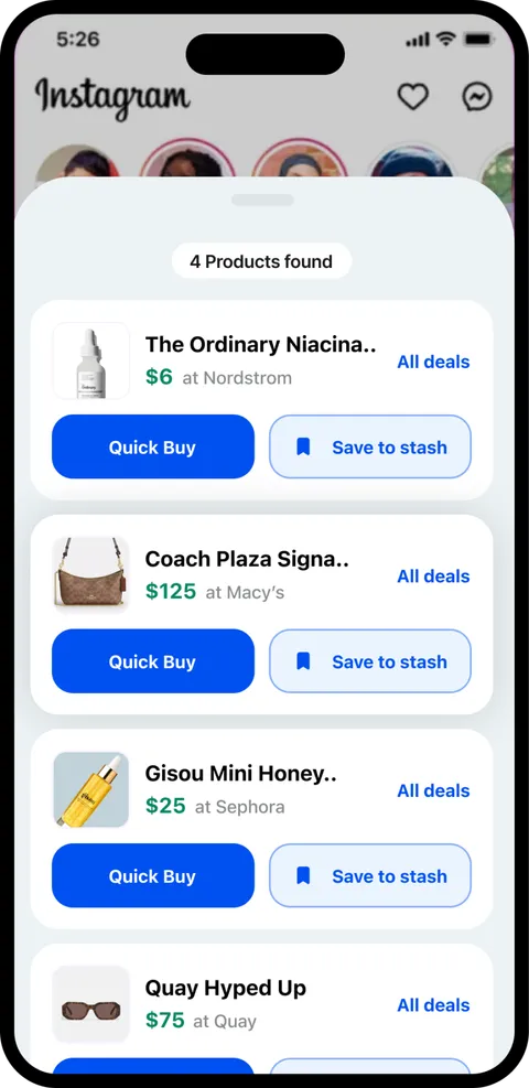 Stashit listing the products it found in the video