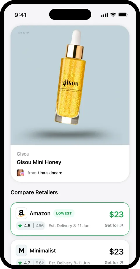 A saved product showing the lowest price across retailers