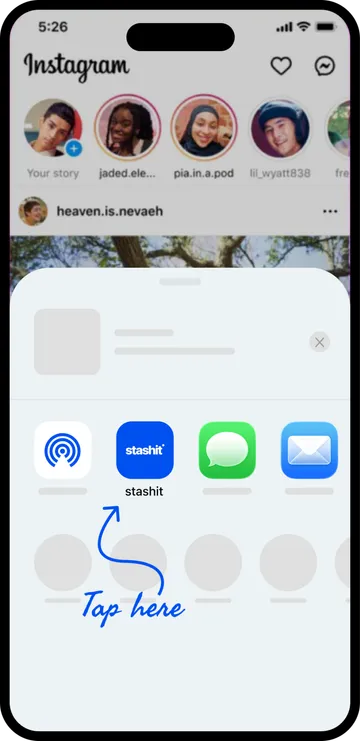 Sharing an Instagram reel into Stashit from the iOS share sheet