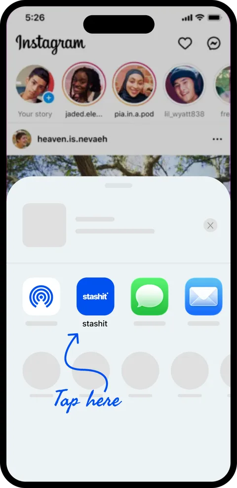 The iOS share sheet with Stashit as a destination